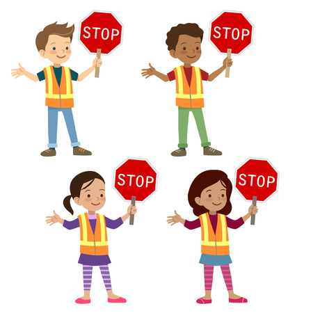 Vector hand drawn cartoon character illustration of multicultural young school age children in crossing guard uniform holding stop sign. Safe street crossing, school safety patrol, kids safety rules.のイラスト素材