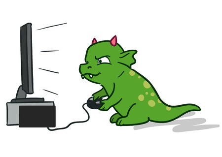 Vector hand-drawn cartoon character illustration of a cute green dragon monster sitting in front of flat big screen TV with game controller in hands, playing computer video games.のイラスト素材