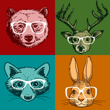 Vector hand drawn line drawing of woodland animal portraits, deer, bear, raccoon, rabbit, all wearing glasses, isolated on colored background. Hipster vintage retro style realistic funny animal facesのイラスト素材