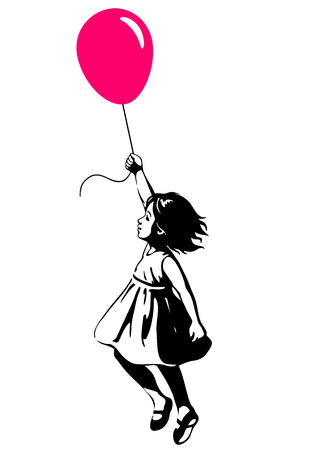 Vector hand drawn black and white silhouette illustration of a toddler girl floating in mid-air with pink red balloon in hand, side view. Urban street art style graffiti stencil art design element.のイラスト素材