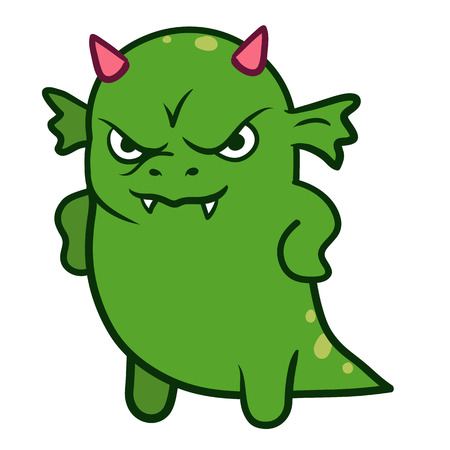 Vector hand drawn cartoon character illustration of a funny fat grumpy green dragon monster with pink horns, looking forward with an angry displeased scowl, standing with arms on hips, front viewのイラスト素材