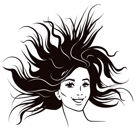 Black and white pen and ink style fashion female portrait. Attractive smiling confident young woman with long flowing windswept hair. Fashion comic book style illustrationのイラスト素材