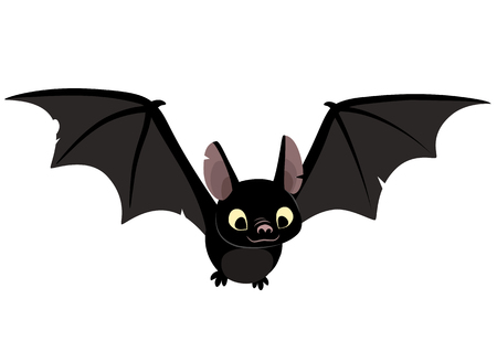 Vector cartoon illustration of cute friendly black bat character, flying with wings spread, in flat contemporary style isolated on white.のイラスト素材