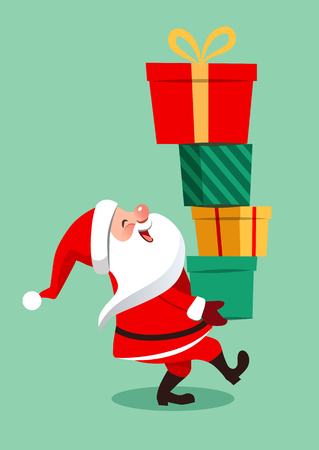 Vector cartoon illustration of funny Santa Claus character carrying a stack of big colorful gift boxes, isolated on aqua green background in contemporary flat style. Christmas theme design elementのイラスト素材