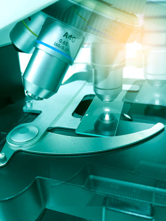 Microscope in the laboratory Fundamental analysis of scientific research.の写真素材