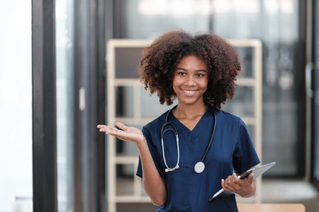 Portrait of female African American doctor with Stethoscope in her office at clinic.の写真素材