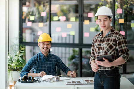 Two Professional Asian architects sitting and standing smiling looking at camera.の写真素材