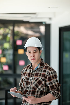 Portrait Asian man engineer holding tablet in the office.