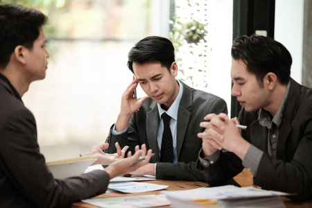 Group of business man discussion and brainstorming, bookkeeping audit graph and chart documents at desk, teamwork concept.の写真素材