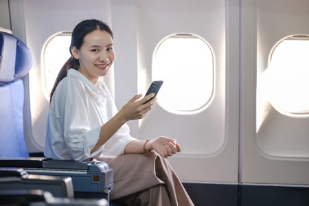 A woman is sitting on an airplane with a cell phone in her handの写真素材