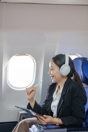 A woman wearing headphones and a black jacket is sitting on an airplane
