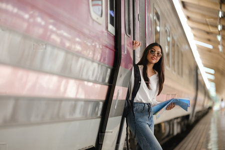 A woman is standing in front of a train with a backpack and a blue book