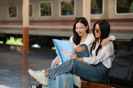 Two women sitting on a bench with a map in front of themの写真素材