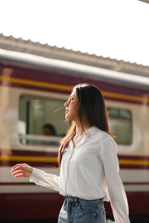 A woman wearing a white shirt and blue jeans stands in front of a train
