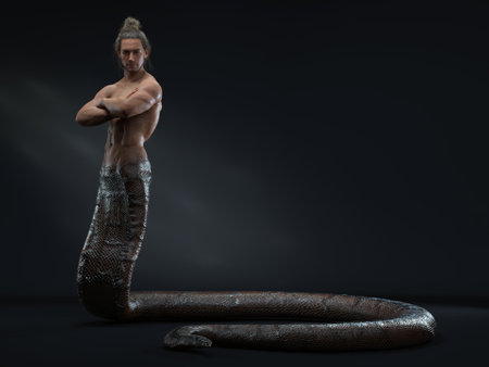 3D Render : A human-snake hybrid male creature, half snake half humanの写真素材