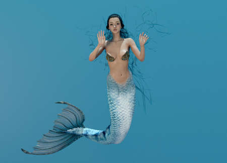 3D render: a mermaid creature is swimming under the seaの写真素材