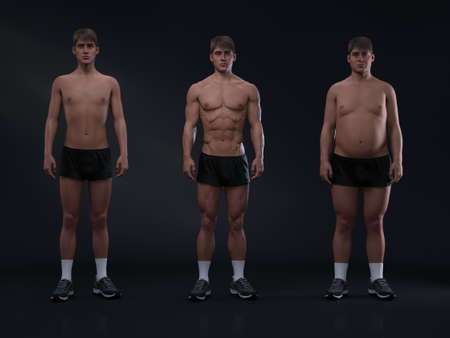 3D Render : Front view of standing male body type : ectomorph (skinny type), mesomorph (muscular type), endomorph(heavy weight type)の写真素材
