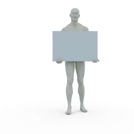 3D Render : A male character with clay texture holding  an empty banner or signboard in his hand, isolatedの写真素材