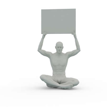 3D Render : A male character with clay texture holding  an empty banner or signboard in his hand, isolatedの写真素材