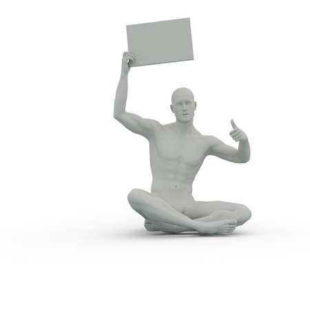 3D Render : A male character with clay texture holding  an empty banner or signboard in his hand, isolatedの写真素材