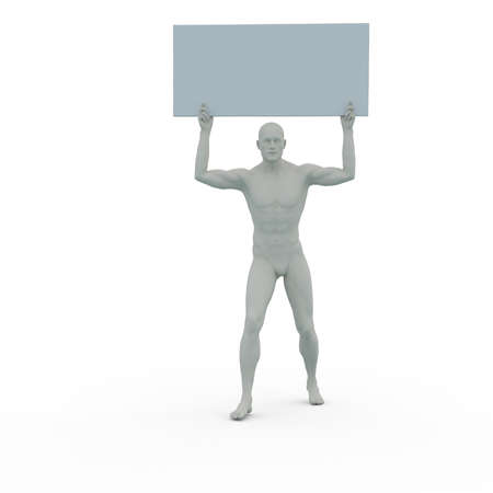 3D Render : A male character with clay texture holding  an empty banner or signboard in his hand, isolatedの写真素材