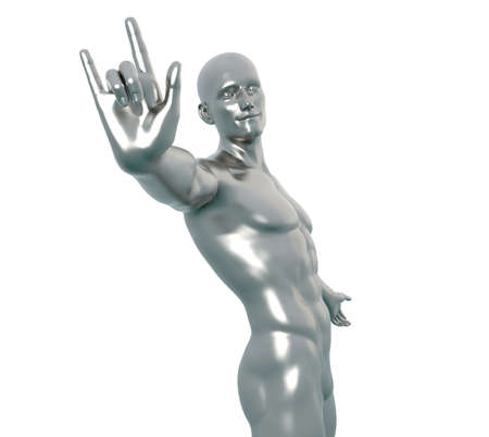 3D Render : Portrait of silver metal texture male character acting, posing his body with common daily gestureの写真素材