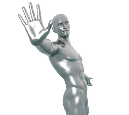 3D Render : Portrait of silver metal texture male character acting, posing his body with common daily gestureの写真素材
