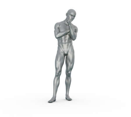 3D Render : Portrait of silver metal texture male character acting, posing his body with common daily gestureの写真素材