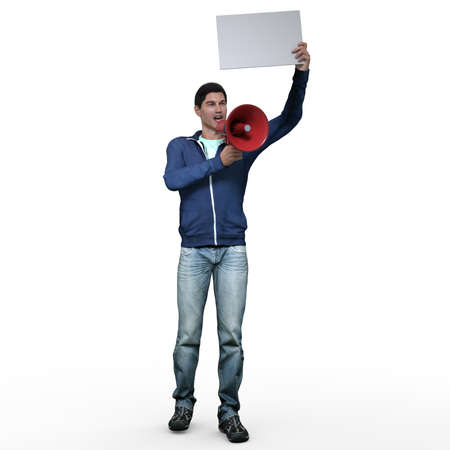 3D Render : A man with a banner or signboard in his hand, isolatedの写真素材