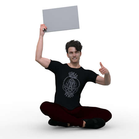 3D Render : A man with a banner or signboard in his hand, isolatedの写真素材