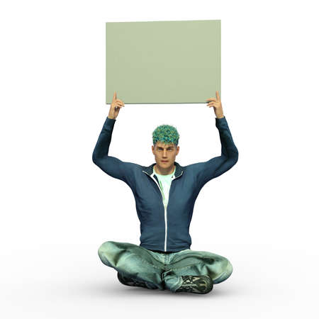 3D Render : A man with a banner or signboard in his hand, isolatedの写真素材