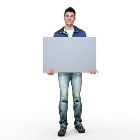 3D Render : A man with a banner or signboard in his hand, isolatedの写真素材
