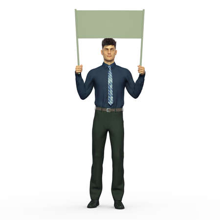 3D Render : A man with a banner or signboard in his hand, isolatedの写真素材