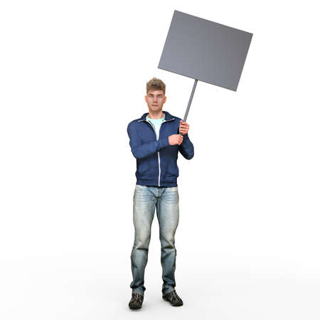3D Render : A man with a banner or signboard in his hand, isolatedの写真素材