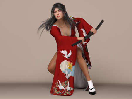 3D render : the portrait of an anime girl pose as the anime fighter girlの写真素材