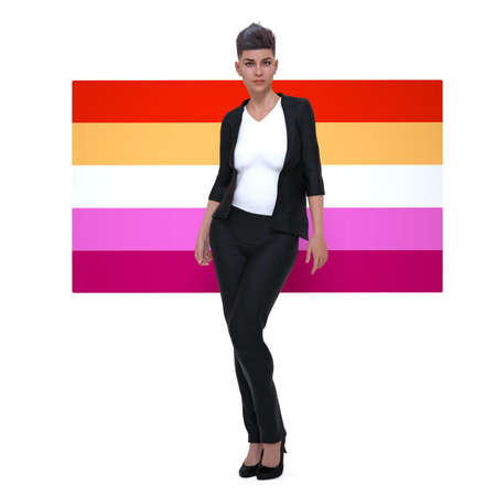 3D Render : A woman who is gay with the pride rainbow flag  support LGBTの写真素材