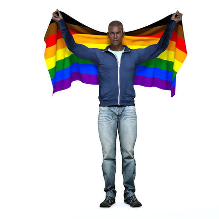 3D Render : A man who is gay holding the pride rainbow flag with his hands support LGBTの写真素材