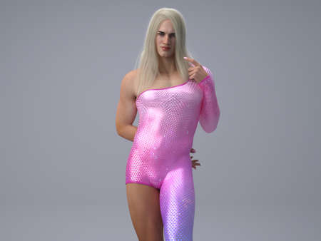3D Render : Portrait of a transgender woman with shiny sparkling pink colour costume. A self confident transgender woman with lively body posture in the grey studio backgroundの写真素材