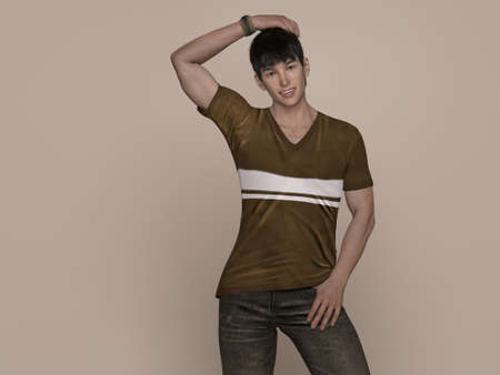 3D Render : Portrait of a smiling young handsome asian man in  T-shirt and jeansの写真素材