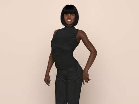 3D Render : Portrait of a smiling young beautiful black woman in the studio backgroundの写真素材
