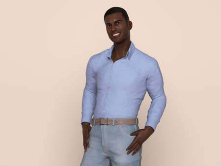 3D Render : Portrait of a smiling young handsome black man wearing casual shirt in the studio backgroundの写真素材