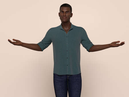 3D Render : Portrait of a smiling young handsome black man wearing casual shirt in the studio...