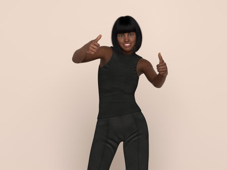3D Render : Portrait of a smiling young beautiful black woman in the studio backgroundの写真素材