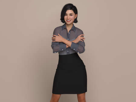 3D Render : Portrait of a smiling young beautiful woman in the studio backgroundの写真素材