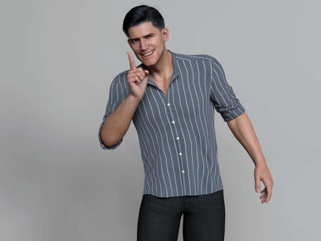 3D Render : Portrait of a smiling young handsome man wearing casual shirt in the studio backgroundの写真素材