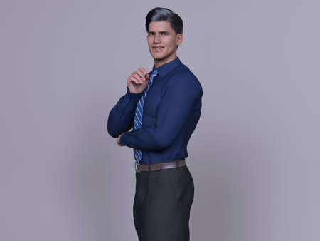 3D Render : Portrait of a smiling young handsome man wearing casual shirt in the studio backgroundの写真素材