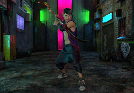 3D Rendering : A portrait of the elf male character standing in the city background ,isolated image of male elf  with the sword in his hand, cyberpunkの写真素材