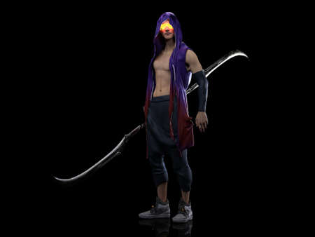 3D Rendering : A portrait of the elf male character standing in the black background ,isolated image of male elf  with the sword in his hand, cyberpunkの写真素材