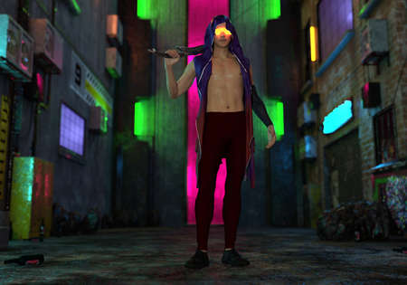 3D Rendering : A portrait of the elf male character standing in the city background ,isolated image of male elf  with the sword in his hand, cyberpunkの写真素材