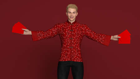 3D Render :Handsome Asian smiling man with Chinese traditional dress male cheongsam or qipao holding ang pow or red packet monetary gift.の写真素材